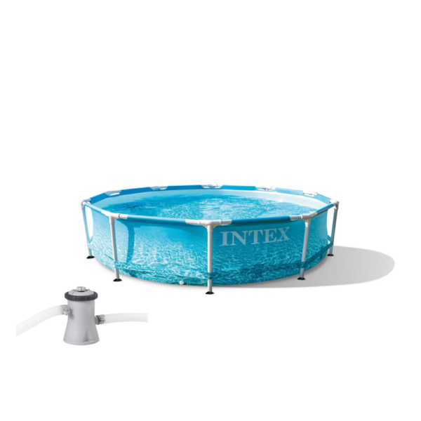 Piscina elevada de 10' x 30" con estructura de metal y bomba de filtrado junto a la playa - Imagen 2